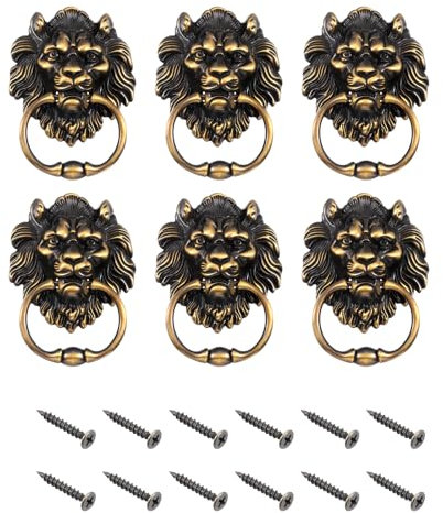 sourcing map 6 Pcs Lion Head Pulls Knob, 6 Inch Zinc Alloy Vintage Lion Door Handle Decorative Front Door Knob Ring Pull Handle for Gate Cabinets Drawers, Brass