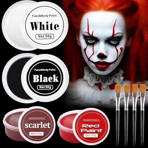 140g Halloween Schminke Schwarz Weiß Rot,Körperfarben,Karnevalsschminke,Faschingsschminke,Face Paint für Theaterschminke,Gesichtsfarben mit Pinseln,Karnevals Party Make up Set für Kinder Erwachsene