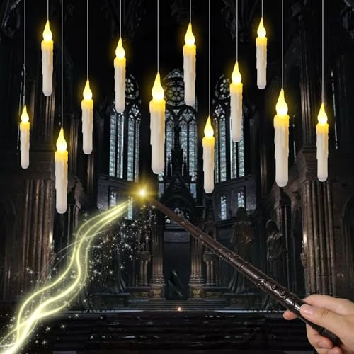 SOARFLY 12 Stück Schwebende Kerzen, Schwebende LED Kerzen mit Zauberstab, Flackernde Flammenlose Led Kerzen, Hängende Fliegende Kerzen für Halloween, Weihnachten, Party, Hochzeit und Wohnzimmer Deko