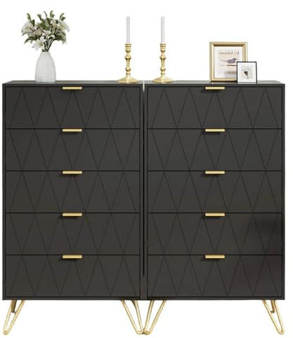 UEV Kommode 2er Set,120 x 34 x 110 cm, Schrank mit 10 Schubladen, Highboard, TV Schrank, Sideboard mit Schubladen, Schmal kommode, Beistellschrank für Wohnzimmer Schlafzimmer Flur (Schwarz)