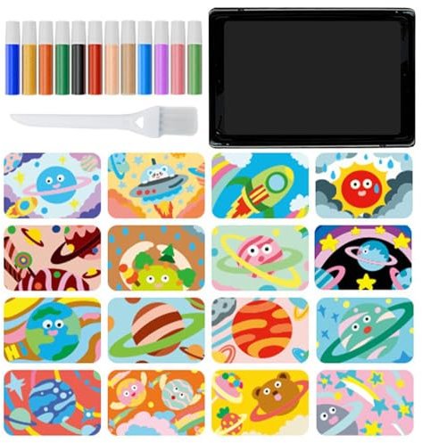 Fukamou Sandkunst zum Abziehen und Aufkleben, farbige Sandmalerei | Farbsand-Kunstbilder-Sets zum Abziehen und Aufkleben,12 Sandfarben, 16 Bilder zum Abziehen und Streuen, 1 Tablett, 1