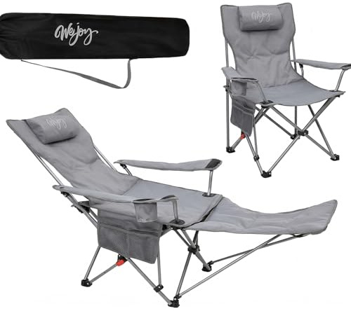 #WEJOY 2-in-1 Campingstuhl Faltbar mit Fußstütze, Gepolstert Liegestuhl mit Verstellbarer Rückenlehne, Relaxsessel Liege mit Getränkehalter, Liegestuhl für Outdoor Camping Grau