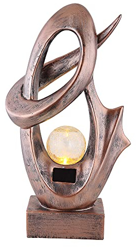 Gartendeko Solarlampe für Außen Terrassenlampe Außen Boden Solarlampe Outdoor stehend, mit Feuereffekt, Skulptur bronze, Crackle Glaskugel, 1x LED 3000K, BxH 25,5x45 cm