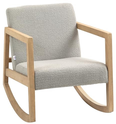HOMCOM Schaukelstuhl Stillsessel Schaukelstuhl aus Stoff in Bouclé-Wolleffekt mit Beinen aus massivem Hevea-Holz, Schaukelstuhl für Schlafzimmer, Wohnzimmer - 60 x 81 x 71 cm grau