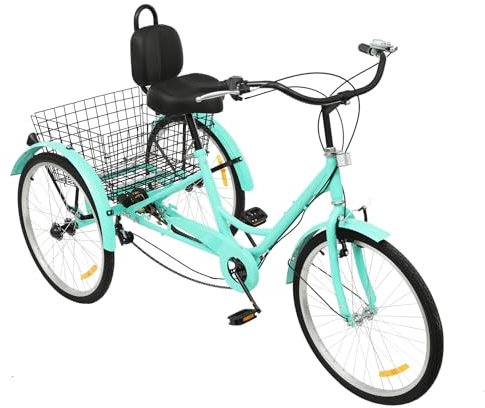 HUSPOO 24-Zoll-Dreirad für Erwachsene, 7-Gang-Fahrrad-Dreirad mit Korb, Rahmen aus Aluminiumlegierung, Maximale Belastung 120KG, Citybike für Ausflüge und Sport (Grün)