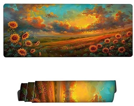 Gaming Mauspad XXL 900x300x3mm, Mauspad Sonnenblume Mousepad, Schreibtischunterlage Landschaft Mousepad Wasserdicht, rutschfeste Gummibasis Mouse Pad, Verbessert Präzision und Geschwindigkeit RS-708