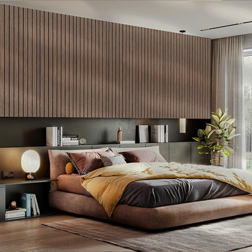 DIYPD Wooden Acoustic Wall Panels – Latest 35mm Slat Design, Upgraded 3D Wall Panelling Kit with Adhesive & Screws, Wood Panels for Walls & TV Media Wall, 2400mm x 600mm