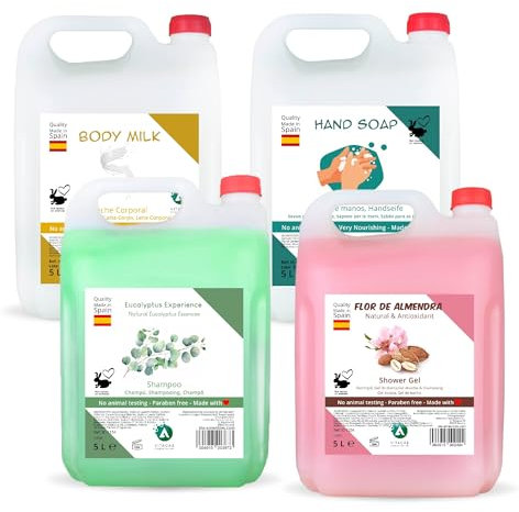 Vitacab – Pack 4 Garrafas 5L: Jabón de Manos Sin Perfume, Gel de Ducha Flor de Almendra, Champú Eucalipto y Body Milk Almendras & Aloe • Cuidado Corporal Completo • Uso Profesional y Recarga Fácil