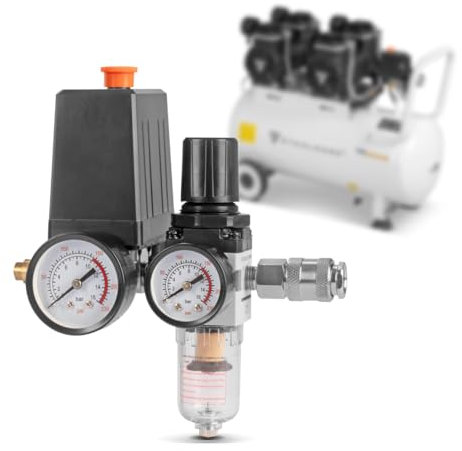 STAHLWERK Druckschalter (DEW-20 ST) – 0–10 bar Druckregler mit integriertem Manometer, Wasserabscheider, Schnellkupplung, 1/4 Anschluss, Sicherheitsventil, Abschaltautomatik für Druckluftkompressoren