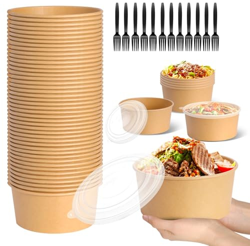DI QIU REN 50Pack Large Paper Bowls Disposable【with Lids and Forks】, Meal Prep Container Salad Serving Bowl Microwave Freezer Safe Takeout Food Container for Hot/Cold Food (36 oz)
