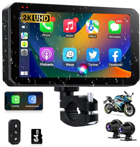 Vtopek Moto Carplay Android Auto sans Fil Portable 5,5 Carplay Moto avec 2K Double Caméra IP67 Étanche Car Play Écran avec Dual BT Navigation GPS Siri Mode Mains Libres Commande Filaire Carte 64G-TF