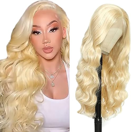 Shoaiye 4X4 Lace Front Echthaar Perücke Damen Body Wave Human Hair Wig Wear and Go Glueless Remy Pre Plucked Natural Hairline 150% Density #613 Blonde Color for Woman 28 Inch