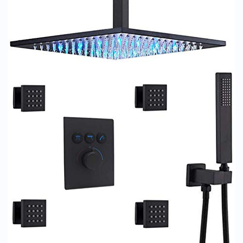Sistema Doccia, soffione Doccia a Pioggia a LED da soffitto Tatic in Ottone Nero Opaco da 10-12 Pollici, Sistema Combinato con getti corporei e Set Doccia di Lusso per Bagno, 10 Pollici