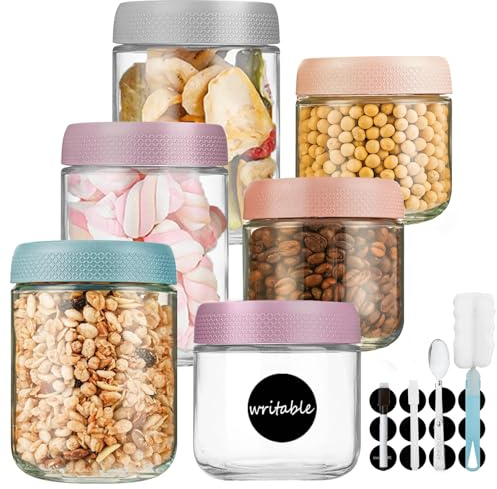 HYJT Pots à Overnight Oats jar - Bocal Lot de 6 avec Couvercles - Bocaux en Verre Hermétique pour Yaourt, Pudding, Meal Prep, L'Avoine, Petit Déjeuner, Salades et Confitures, (3x500ml + 3x300ml)