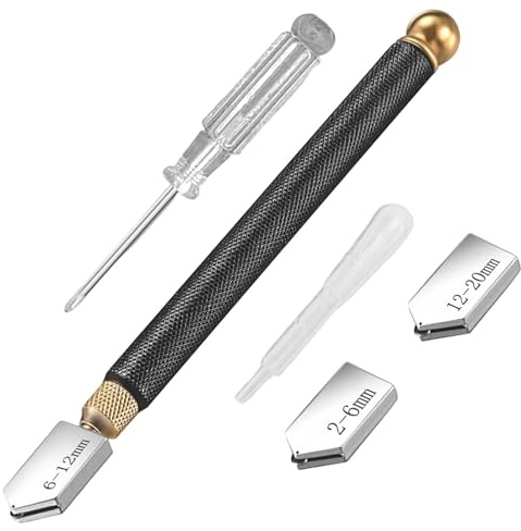 Coupe-Verre 2-20 mm, Ensemble de 5 Pièces avec 3 Têtes Interchangeables, Graisseur Automatique et Tournevis, Manuel Cutter en Forme de Crayon pour miroir en verre épais et mosaïque​