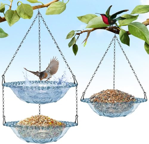 YeahBoom 2 Pièces Mangeoire pour Oiseaux,Mangeoire à Oiseaux à Suspendre à 2 Étages,Rond Mangeoires d'oiseaux,Jardin Wildbird Feeder Plate de Plaque d'oiseau Suspendu,Baignoire d'oiseaux,9 Pouces