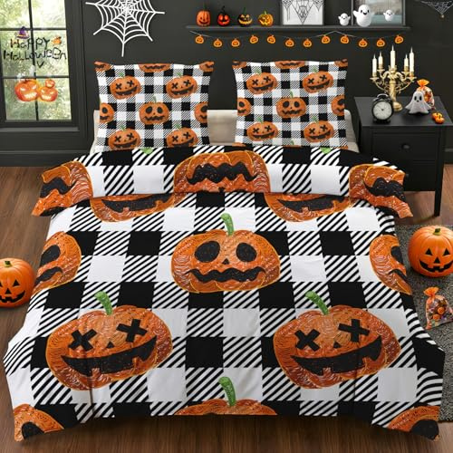Venivici Parure de Lit 240 x 260 Halloween - Housse de Couette 2 Personnes Motif à Carreaux Citrouille avec Fermeture éclair - Ensemble de Literie en Microfibre Douce avec 2 Taies d'oreiller