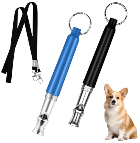 2 Stück Hundepfeife Rückruf,Hundepfeife Hochfrequenz Lautlos,Erziehungshilfen für Hunde Pfeifen,Hundetraining Hundepfeifen,Trillerpfeife Hund,Metall Dog Whistle mit Schlüsselband (Schwarz+Blau)