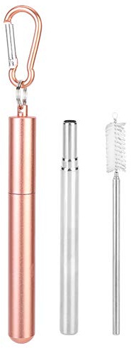 TOPINCN Paja de Metal Reutilizable, Paja de Agua Potable de Acero Inoxidable Plegable para Viajar, Paja Telescópica Portátil con Cepillo y Caja para Beber café té de Leche (PINK)