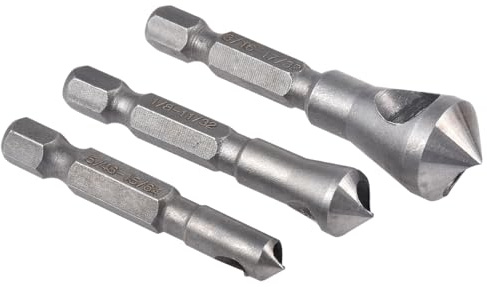 HOHXEN 3 Pcs Countersink Chamfer Drill Bits - 5/64, 1/8, 3/16, High Speed Steel 1/4 Hex Shank Deburring Tool Set for Wood, Metal, Fiberboard, Plywood, Plastic, PVC