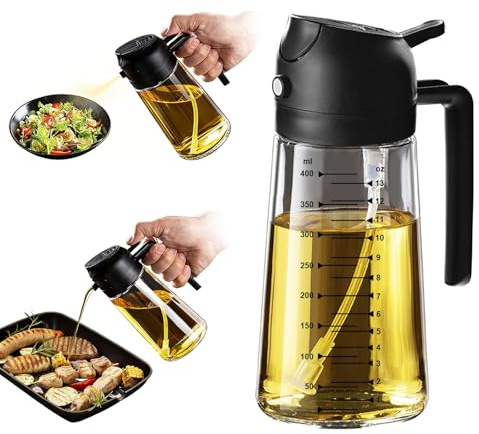X&E 16oz/470ml Glass Olive Oil Sprayer for Cooking, 2 in 1 Olive Oil Dispenser Bottle, Food Grade Oil Mister for Kitchen Gadgets, Air Fryer Accessories, Salad & BBQ – Black