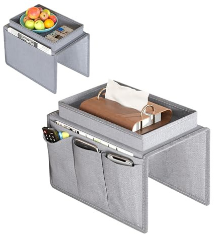 SANLIUBA Bandeja para Reposabrazos de Sofá, Organizador de Sofá Gris con Soporte para Vaso y Móvil, Bandeja Reposabrazos para Mando a Distancia, Tableta, Libros