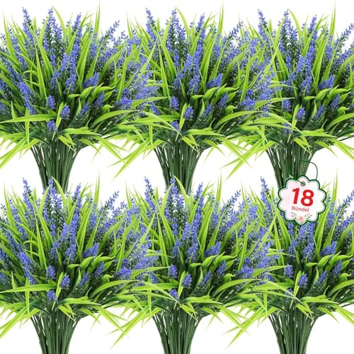 BlueCloudy 18 Bündel Lavendel Kunstblumen Künstliche Pflanzen | Wie Echt Wetterfest Kunstpflanze Outdoor für Balkon Garten Draußen Plastikblumen Balkonpflanzen Deko