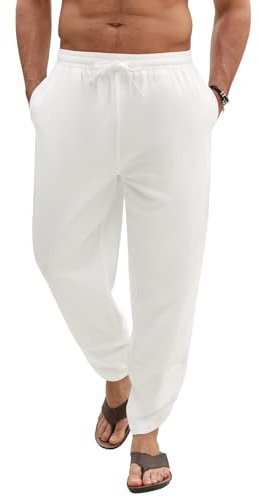 Voqeen Pantaloni Uomo Estivi Pantaloni Larghi in Cotone Casual da Spiaggia Pantalone Leggero dalla vestibilità Ampia Pantaloni Chino con Elastico in Vita E Gambe Larghe con Tasche