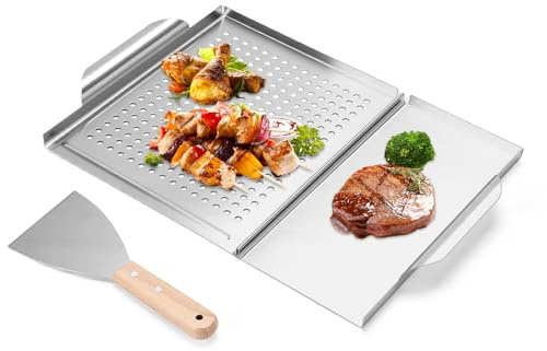 BBQ-grillpanna med handtag och hål grillplatta i rostfritt stål för gas och kolgrill utomhus grillpanna med platt yta för grönsaker och kött