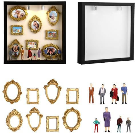 Mini Scatola Fai Da Te con Silhouette da Museo, Kit Cornice Scatola Ombra Include 1 Custodia Silhouette 8 Piccole Foto Cornici 8 Mini Figure 2 Luci Multiplo Punti Adesivi 12 Nastri Biadesivi