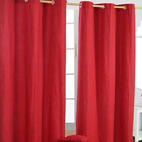 Homescapes 2er Set eifarbige Ösen Gardinen je B117 x L137 cm aus 100% Baumwolle, blickdichte Vorhänge/Dekoschals/Ösenvorhänge für Wohnzimmer oder Küche, rot