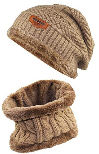 Momoon tjock mössa hatt + halsduk set vinter varm snö stickad skalle mössa för barn pojkar flickor (lämplig för 6–14, kaki, En Storlek