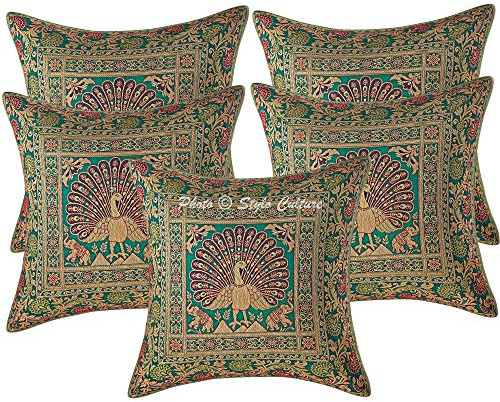 Stylo Culture Indio Fundas Almohadones Decorativa 40x40 cm Brocado De Seda Pavo Real Fundas De Cojines Cama Verde Esmeralda Jacquard Cuadrado Cremallera Fundas para Los Cojines del Sofa - 5 Pcs