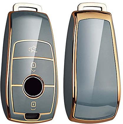 HIBEYO Smart Autoschlüssel TPU Hülle passt für Grün-Gold 3 Schutzhülle Schlüsselhülle Cover Case für Mercedes Class-E S A CLA GLA GLE GLC GLK AMG Schlüsselbox Fernschlüssel Fall(Blau-Gold)
