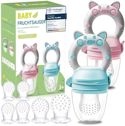 2 Stück Fruchtsauger Baby ab 3 Monate - Schnuller Obstschnuller für Babys | Beikost Baby Zubehör Obstschnuller für Babys mit 8 Silikon Saugern in 3 Größen für Obst und Gemüse, Blau + Rosa