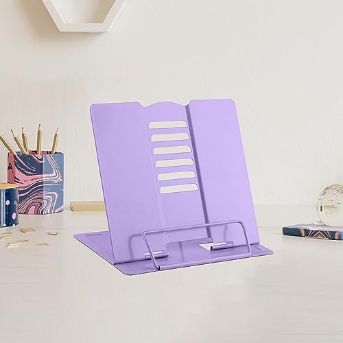 Soporte de metal para libros de lectura, soporte ligero para libros de cocina, soporte portátil para libros de texto, soporte ajustable para documentos de recetas, tabletas soportes (Morado)