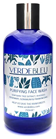 99% Natural GEL JABÓN FACIAL - RHASSOUL, ROMERO, INCIENSO & GERANIO - 250ml de VERDEBLEU Sin Sulfatos. pH 5.5 Equilibrado. Donamos el 5% de Ganancias para Ayudar a Salvar los Bosques Lluviosos.