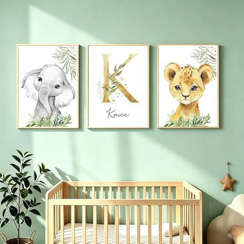Youihom 3 Bilder Kinderzimmer Jungen Tiere Namen Poster Baby Elefant Löwe Personalisierte Wandbilder Kinderzimmer Waldtiere Deko Babyzimmer Kinder Geschenk 30 x 40 cm ohne Rahmen