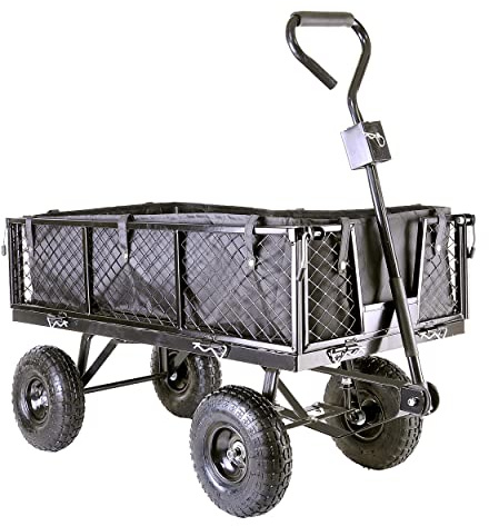 Garden TRAILER Cart Pull Along Trolley 350kg Heavy Duty Black Mesh Utility Gardeners Wagon with Removable Liner, Folding Sides, Pneumatic Tyres, Outdoor Cart for Gardening, Festivals, Camping