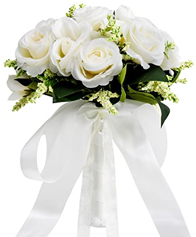 Febou Hochzeitssträuße für Braut, Brautjungfer, Blumenstrauß, Elfenbein, Brautstrauß, künstliche Rosen für Hochzeit, Kirche, Heimdekoration (Elfenbein)