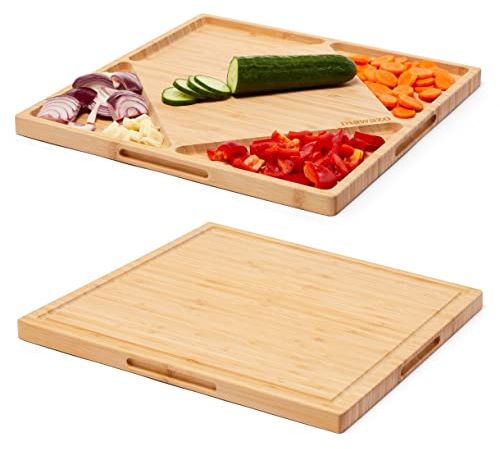 Mawazo Grande tagliere in 100% bambù biologico con contenitori, tagliere reversibile per formaggi e piatto da portata, tagliere in legno per cucina, spesso 36 x 36 cm, design originale britannico