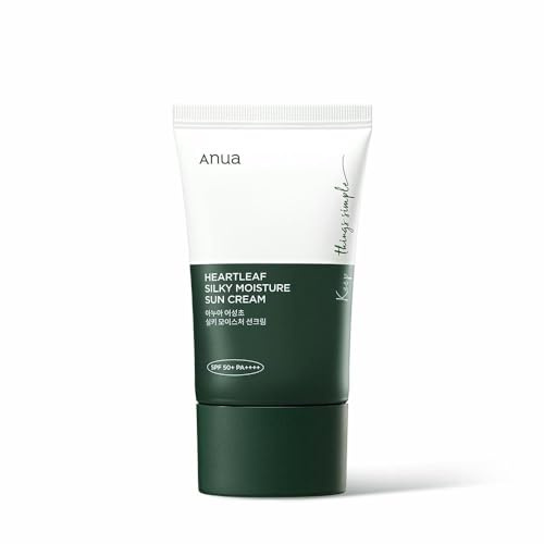 Anua Heartleaf Silky Moisture Sun Cream SPF 50+ PA ++++ fuktgivande och lugnande (Heartleaf, Panthenol) Vit restfri ekologisk solkräm för känslig hud (50 ml)