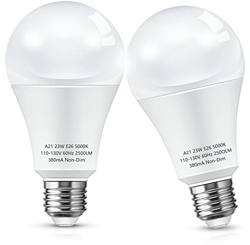 L LOHAS LED Super Bright White LED Light Bulb, A21 23W(150-200Watt Equivalent), 2500 High Lumen, 5000K Daylight, Garage Light Bulbs, E26 Porch Light Bulb, Non-Dim, No Flicker for Home Lighting, 2-Pack
