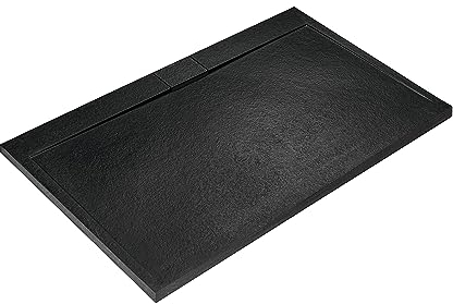 Ideal Standard - Ultra Flat S i.life, Piatto doccia rettangolare 140x80 in resina, Piletta di scarico lato lungo, Finitura opaca effetto pietra, Nero