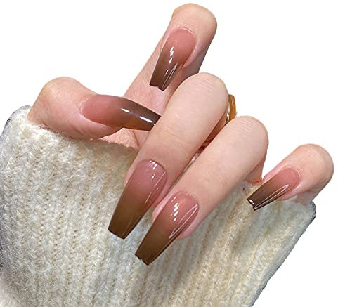 Press on Nails Ballerina Lang Nägel zum Aufkleben mit Nagelkleber Künstliche Nägel mit Design Falsche Nägel Glänzend Kunstnägel 24Stück Glossy French Fake Nails für Frauen und Mädchen