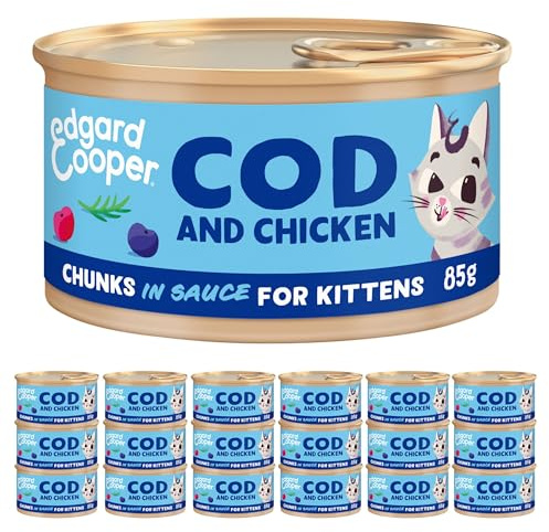 Edgard & Cooper cibo umido per gatti, Junior, (Merluzzo/Pollo Fresco, 85g x 18), carne in salsa, sterilizzati o attivo, carne fresca e ingredienti naturali, senza cereali, senza zuccheri aggiunti