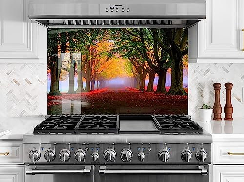 Myphotostation.com 16x16''Tempered Glass Pink Forest Backsplash Design Cooker Wall Backsplash Panel Glass Splashback for Kitchen Panel Nature Forest Splashback for Stove
