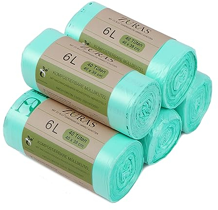 ZURAS® Sacchetti per rifiuti biologici da 6 litri, 200 pezzi, compostabili, biodegradabili a base vegetale, certificati DIN EN 13432, resistenti e impermeabili