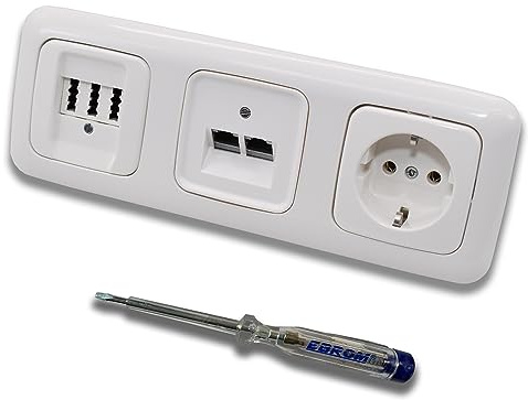 Busch Jäger, Rutenbeck Unterputz Netzwerkdose 10 Gigabit/S 10GbE KAT6A 6A 2x RJ45 Anschluss + EBROM Telefon TAE 3x6 NFN + Steckdose ReflexSi alpinweiß Design + EBROM Phasenprüfer z. Montage d. Geräte