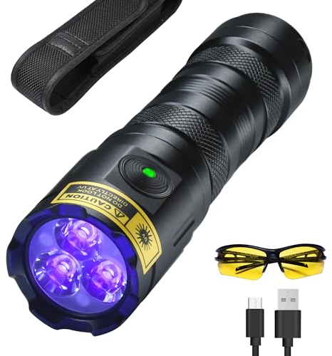DARKDAWN High Power UV 395nm Flashlight USB Rechargeable, 3 LEDs Ultraviolet Flashlights Handheld,20W Mini Black Light Woods Lamp, Resin Curing, Spot Scorpions,Detector for Pet Dog Urine
